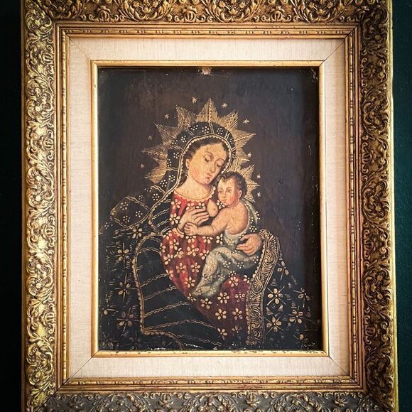 17th Century Cusco Madonna and Child Nursing Mixed-Media Painting, Framed - Picture 1 of 3